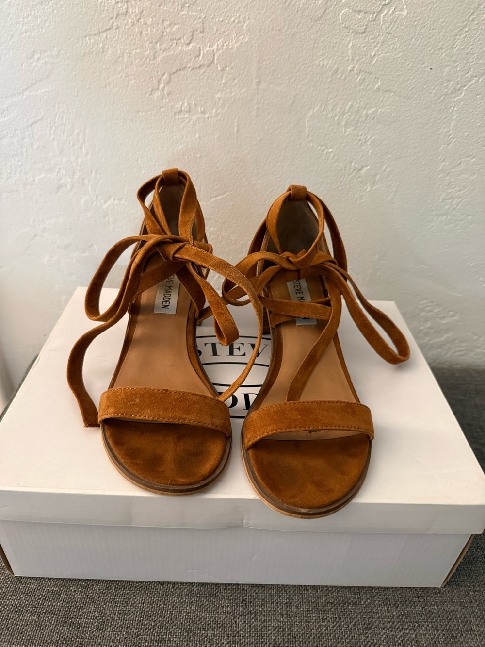 Steve Madden Suede Lace-Up Sandals in Cognac Brown